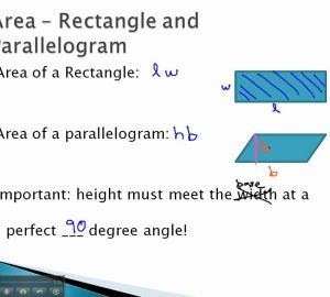 Présentation des règles pour trouver l'aire d'un rectangle et un parallélogramme.